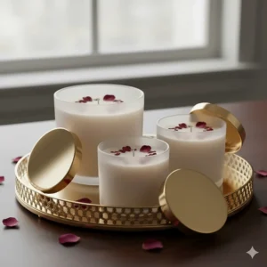A collection of luxury rose candles in various sizes arranged on a decorative mirrored tray.