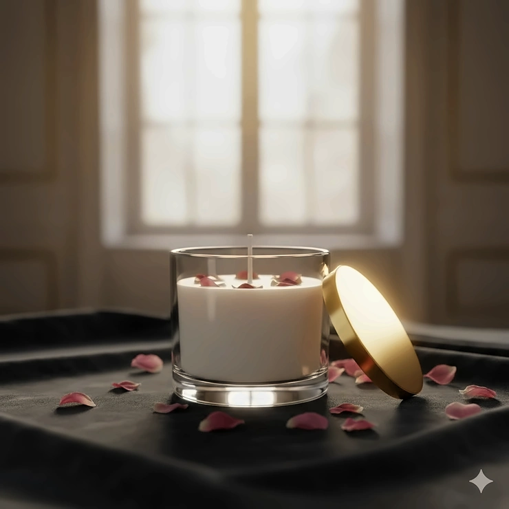 A luxury rose scented candle in a minimalist glass jar with a gold lid, set against a soft velvet background. luxury rose candles