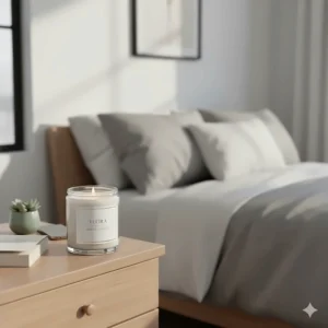 A minimalist glass jar jasmine scented candle styled on a bedroom nightstand.