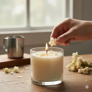Close-up of a hand-poured natural soy wax jasmine scented candle with a cotton wick.