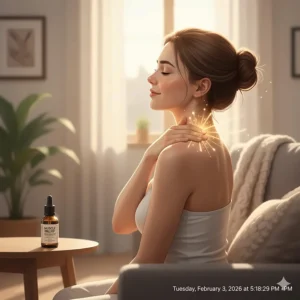 A person experiencing relief from neck tension after using a topical essential oil blend.