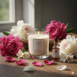 A luxury peony candle surrounded by rose petals and jasmine, illustrating the floral scent profile.