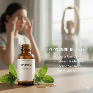Visual guide on using peppermint essential oil for energy and cooling relief.