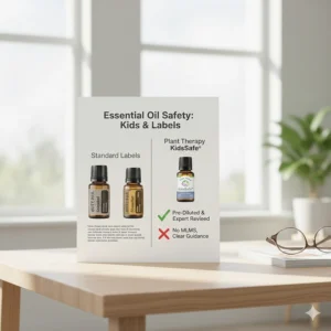 Illustration of the Plant Therapy KidsSafe logo next to standard doTERRA and Young Living labels for safety comparison.
