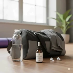 A gym bag and water bottle next to a bottle of essential oil for soothing sore muscles after exercise.