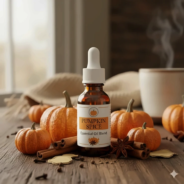A glass bottle of pumpkin spice essential oil blend on a wooden table surrounded by mini pumpkins and cinnamon sticks.