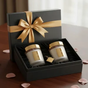 An elegant black and gold gift box containing a pair of luxury rose scented candles with a ribbon.