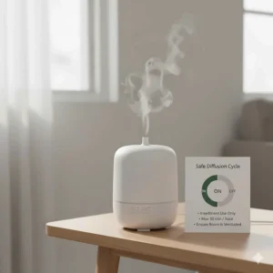 An ultrasonic diffuser in a well-ventilated room, showing the recommended 30-minute intermittent diffusion cycle.