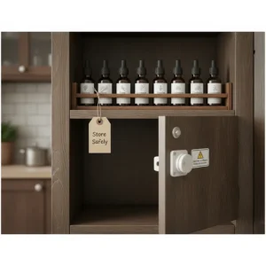 Dark amber glass bottles stored in a cool, dark cupboard away from sunlight and out of reach of children.