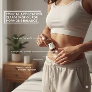 Illustration of applying diluted clary sage oil to the abdomen for natural hormone regulation.