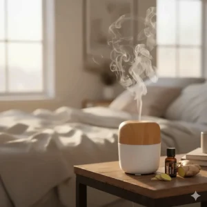 An ultrasonic cool mist diffuser releasing ginger essential oil vapor into a bedroom to settle an upset stomach.