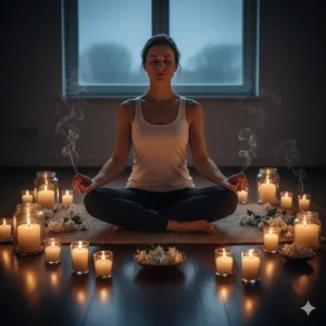 A person meditating in a dim room surrounded by flickering jasmine scented candles for stress relief.