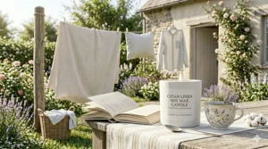A flat-lay illustration of clean linen candles, a book, and a cup of tea.