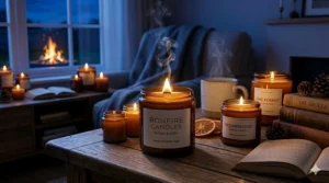 Illustration of bonfire candles surrounded by orange autumn leaves and pinecones.