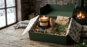 A curated winter gift box containing a balsam fir candle, matching matches, and a small sprig of fresh evergreen.