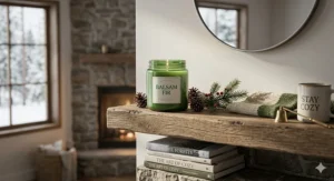 A green balsam fir jar candle styled on a modern living room mantel alongside minimalist winter decor.