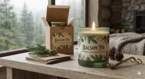 Sustainable and recyclable packaging for a balsam fir candle, featuring botanical illustrations of fir needles.