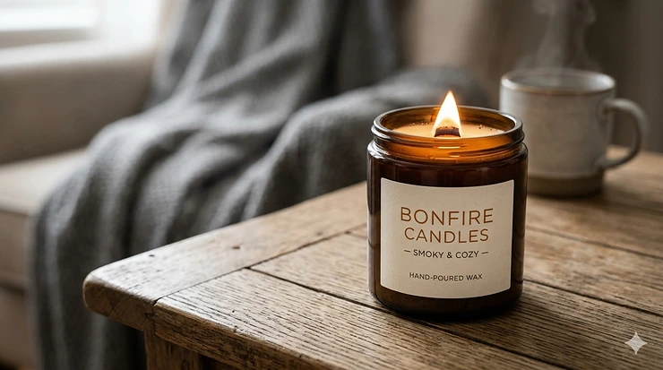 A luxury bonfire scented candle flickering on a wooden table with a cozy flannel blanket in the background. bonfire candles
