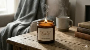 Infographic illustration showing how to properly trim a wick for a clean-burning bonfire candle.