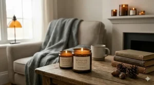 An illustrated gift box featuring a bonfire scented candle paired with matches and a small succulent.