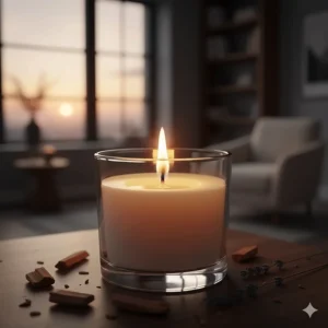 The steady, clean burn of a luxury sandalwood candle in a minimalist glass vessel at twilight.
