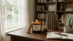 Illustration of a cedarwood candle on a dark wood desk next to a stack of books, suggesting a focus-heavy environment.