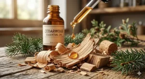 Illustration of cedarwood essential oil droplets falling onto fresh cedar wood shavings.