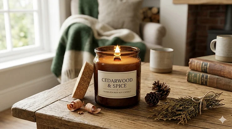 A luxury cedarwood scented candle burning on a wooden coffee table in a cozy, modern living room. cedarwood candles