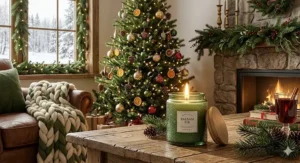 A festive holiday scene featuring a lit balsam fir candle placed near a decorated Christmas tree to enhance the natural evergreen aroma.