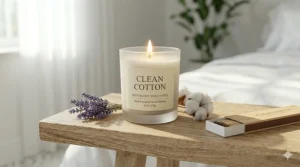 Close-up illustration of a clean cotton candle burning with a steady flame and no black soot or smoke.