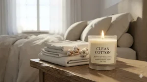 A lit clean cotton candle on a wooden bedside table creating a cozy and relaxing bedroom atmosphere.