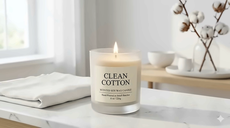 A minimalist clean cotton scented candle in a glass jar resting on a white marble surface next to a fresh linen towel. clean cotton candles