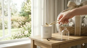 Informative graphic showing how to properly trim the wick of clean linen candles.