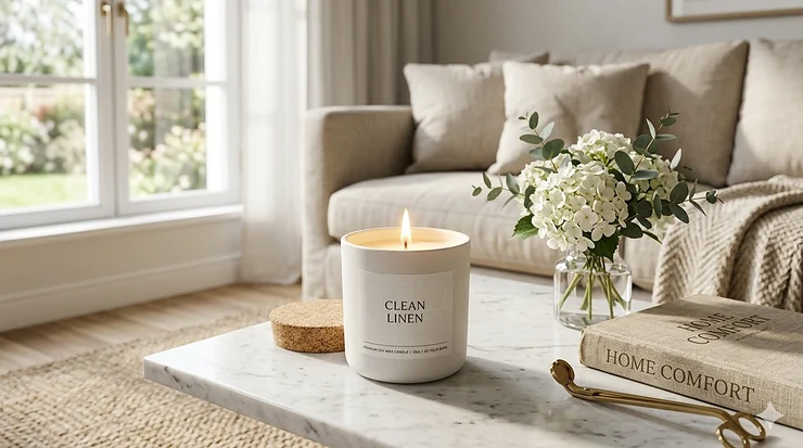A minimalist luxury clean linen candle burning on a marble coffee table next to fresh white flowers. clean linen candles