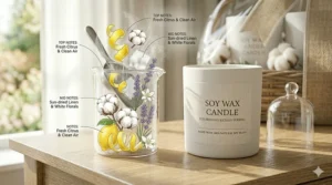 A visual breakdown of scent notes for clean linen candles, including citrus and crisp air.