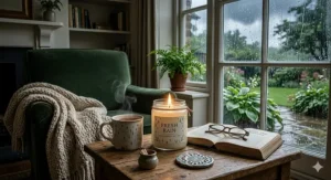Illustration of a cozy room setting with a glowing fresh rain candle during a storm.
