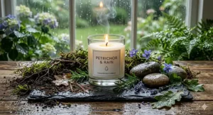 Visual representation of the earthy petrichor scent notes found in fresh rain candles.