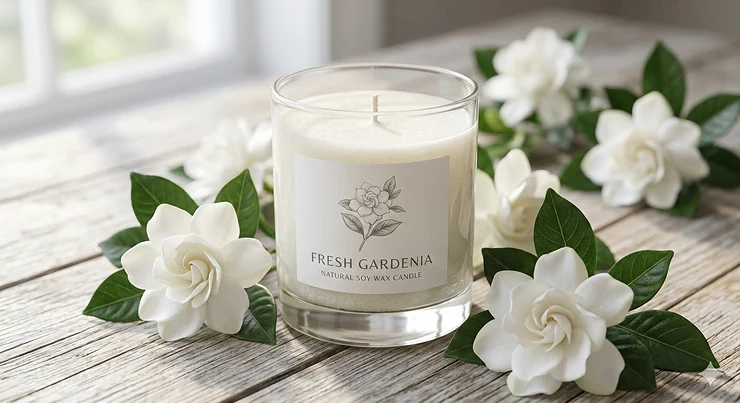 A luxury fresh gardenia candle burning on a white marble coffee table next to a bouquet of real gardenia flowers. fresh gardenia candles