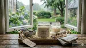 An illustration of a gift-wrapped fresh rain candle with a ribbon and matching matches.
