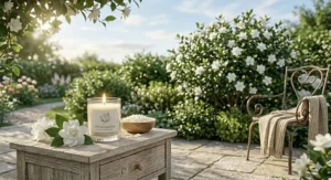 A fresh gardenia candle placed on an outdoor patio table surrounded by lush greenery.