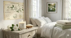 A lit fresh gardenia candle on a bedside table creating a relaxing morning atmosphere.