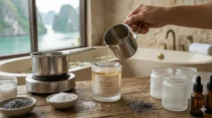 Artisan pouring melted wax into a jar to create handcrafted sea salt spa candles.
