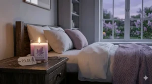 A digital painting of a spring lilac candle on a nightstand creating a relaxing bedroom atmosphere.