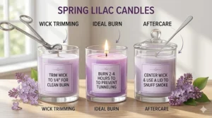 A diagram showing how to trim a wick for the best spring lilac candle burn time.