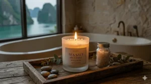 A lit sea salt spa candle glowing in a dim room to show the warm ambient lighting.