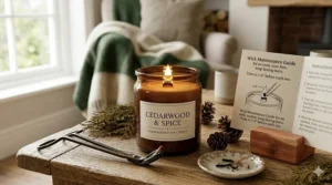 An infographic illustrating how to trim a wick for a clean, soot-free cedarwood candle burn.