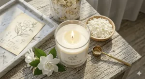 Close-up of a clean-burning fresh gardenia candle showing a smooth wax pool.