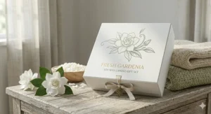 Elegant gift packaging for a fresh gardenia candle featuring a minimalist floral design.