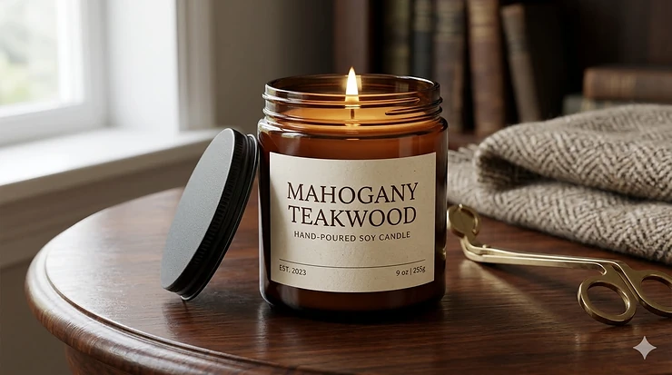 A luxury mahogany teakwood scented candle in an amber glass jar, lit and sitting on a dark wood table. mahogany teakwood candles