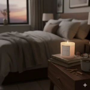 A luxury sandalwood candle providing soft, ambient lighting on a bedside table to promote relaxation.